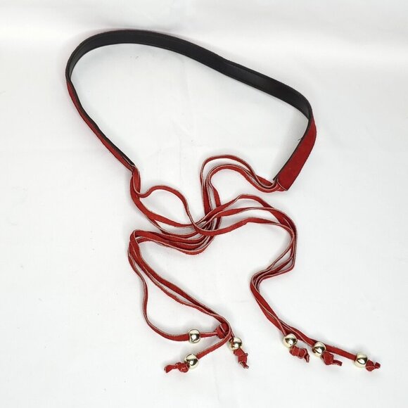 Boho Hippie Suede Belt Dark Red Tassels Silvertone Beads Self Tie Rope - Picture 1 of 3